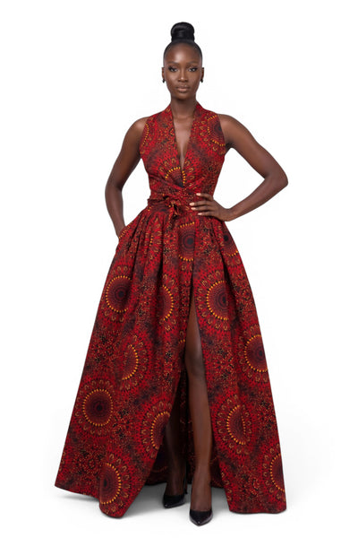 African Print Infinity Multiway Maxi Dress - Adjustable Slit - Red Sunfire Bloom