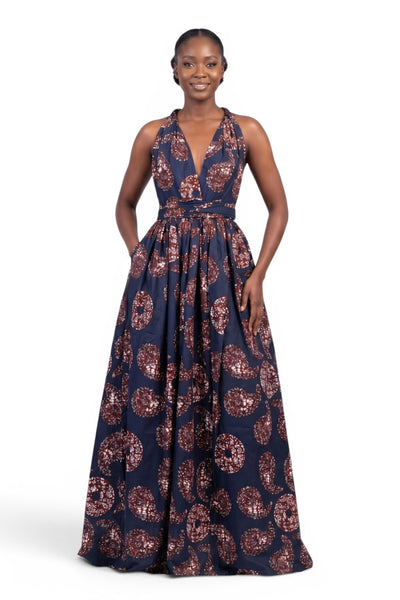 Robe longue africaine Infinity Multiway - Fente réglable - Bleu Marron Sahara Paisley