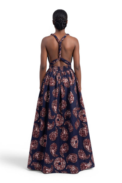 Robe longue africaine Infinity Multiway - Fente réglable - Bleu Marron Sahara Paisley