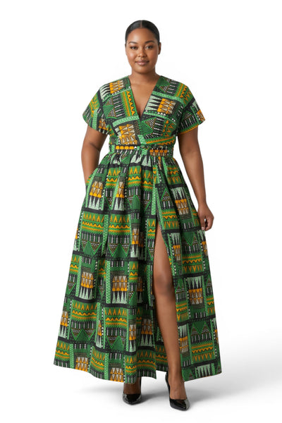 African Print Infinity Multiway Maxi Dress - Adjustable Slit - Green Emerald Spirit