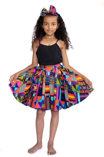 African print Kids Skirt + Headtie with Bow set - Pink Kente ( 1 - 10 years )