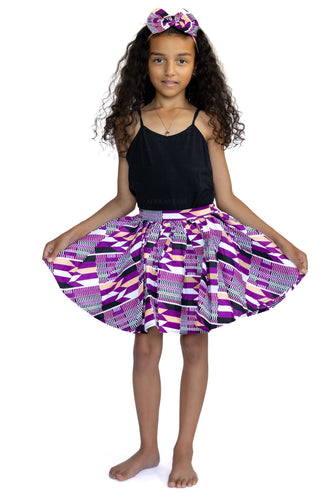 African print Kids Skirt + Headtie with Bow set - Purple kente ( 1 - 10 years )