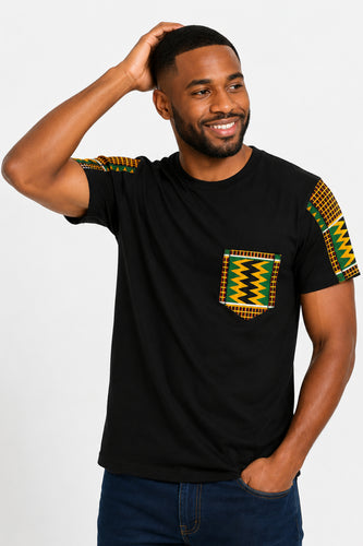T-shirt avec détails imprimés africains - Vert Kente Zigzag Pocket