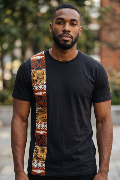 T-shirt avec détails de l'imprimé africain - bande Mosaïque Bogolan marron