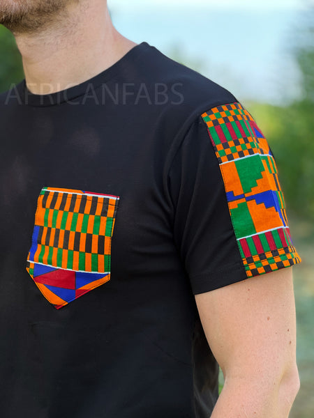 T-shirt met Afrikaanse print details -  Kente mouwen en borstzak