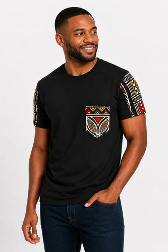 T-shirt avec détails imprimés africains - Rouge Bogolan Symbols Pocket