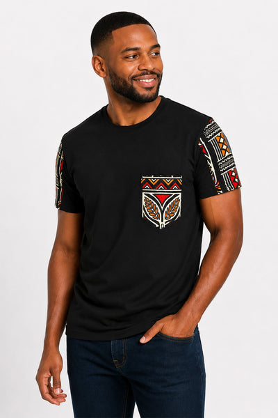 T-shirt met Afrikaanse print details - Rood Bogolan Symbols Pocket