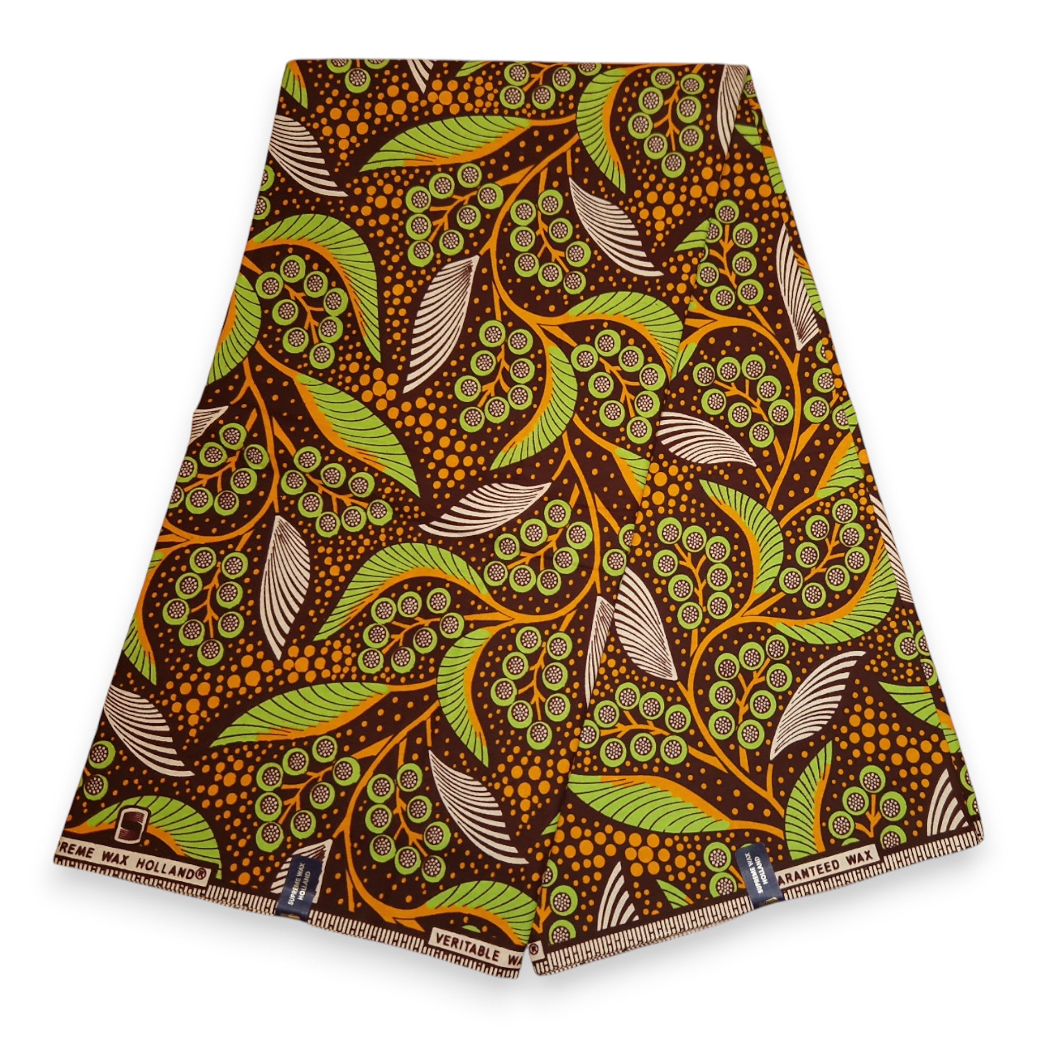African Wax print fabric - Brown and Green Leaves And Berries - 100% cotton
