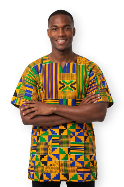 Yellow Blue Kente Blocks Dashiki Shirt / Dashiki Dress - African print top - Unisex