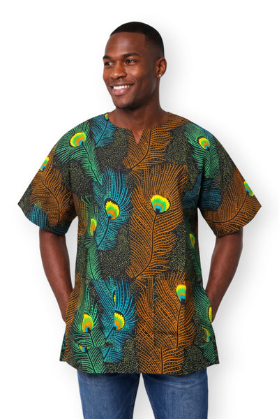 Bruin Petrol Peacock Feather Dashiki Shirt / Dashiki Jurk - Afrikaans shirt - Unisex