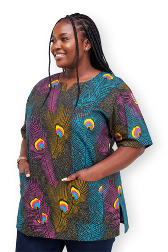 Chemise dashiki / Robe dashiki - Rose Bleu Peacock Feather - Top imprimé africain - Unisexe