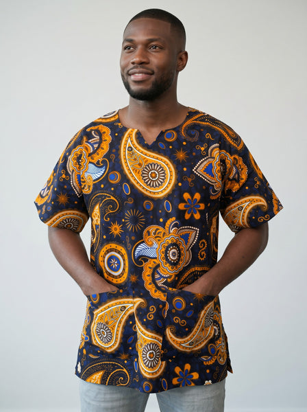 Navy blue Yellow Paisley Dashiki Shirt / Dashiki Dress - African print top - Unisex