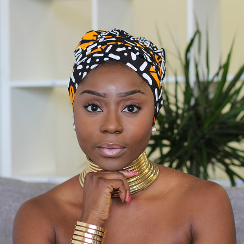 Easy headwrap - Satin lined hair bonnet - Black / orange Amaka