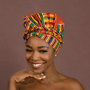 Easy headwrap - Satin lined hair bonnet - Kente Orange / blue / red