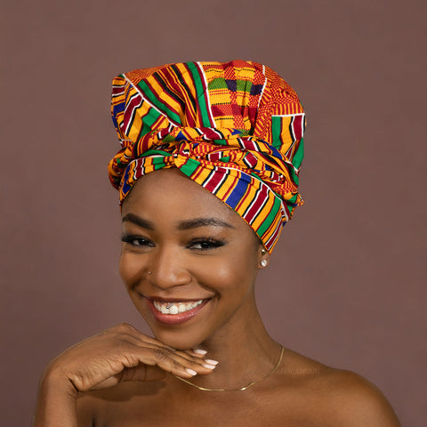 Easy headwrap / hoofddoek - Satijnen binnenkant - Kente oranje / blauw / rood