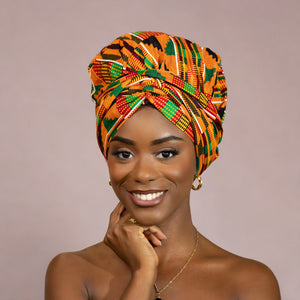 Easy headwrap / hoofddoek - Satijnen binnenkant - Kente oranje/groen