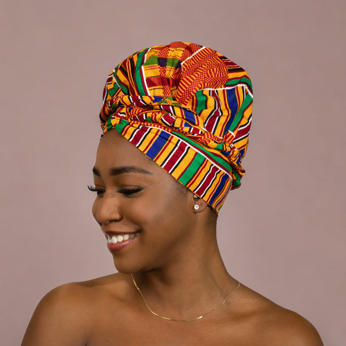 Easy headwrap / hoofddoek - Satijnen binnenkant - Kente oranje / blauw / rood