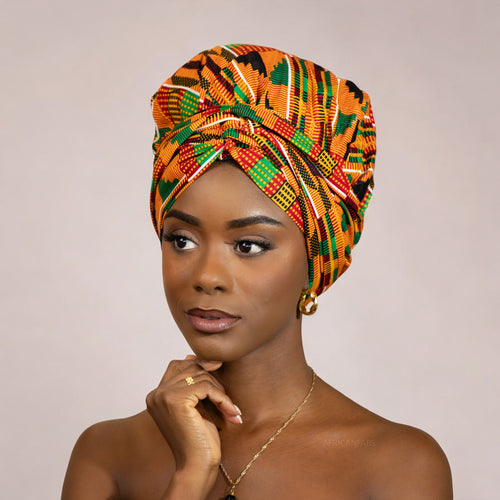 Turban facile - Bonnet en satin - Kente Orange / vert