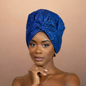 Turban facile - Bonnet en satin - Bleu blocks