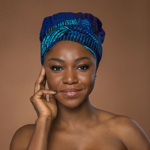 Easy headwrap / hoofddoek - Satijnen binnenkant - Blauw & Turquoise Concentric