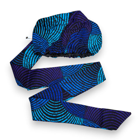 Easy headwrap / hoofddoek - Satijnen binnenkant - Blauw & Turquoise Concentric