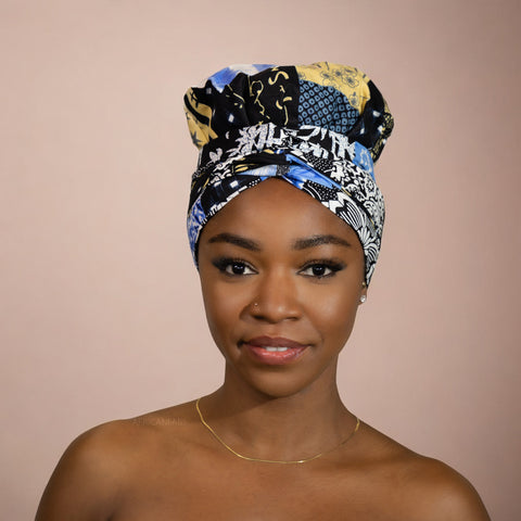 Turban facile - Bonnet en satin - Bleu / beige 