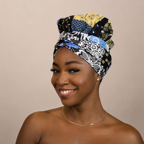 Easy headwrap / hoofddoek - Satijnen binnenkant - Blauw / beige 