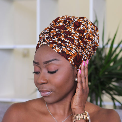 Easy headwrap / hoofddoek - Satijnen binnenkant - Bruin / oranje leaf trails