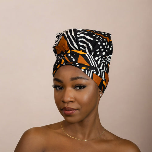 Easy headwrap / hoofddoek - Satijnen binnenkant - Zwart / oranje