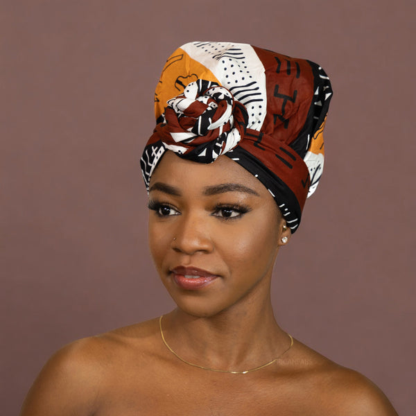 Easy headwrap / hoofddoek - Satijnen binnenkant - Donkerbruin / Geel Bogolan Symbols