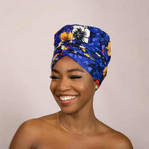 Easy headwrap / hoofddoek - Satijnen binnenkant -  Blauw bloem