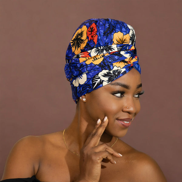 Turban facile - Bonnet en satin - Bleu / fleur 