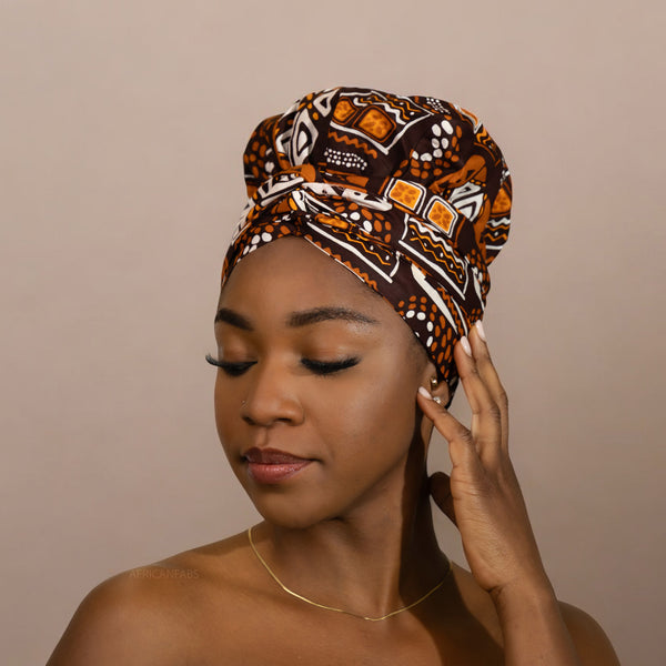 Easy headwrap - Satin lined hair bonnet - Brown Patterns Bogolan