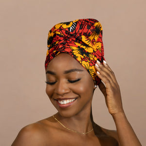 Easy headwrap / hoofddoek - Satijnen binnenkant - Rode Flowers