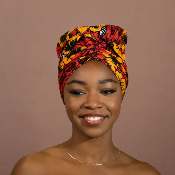 Easy headwrap - Satin lined hair bonnet - Red Flowers