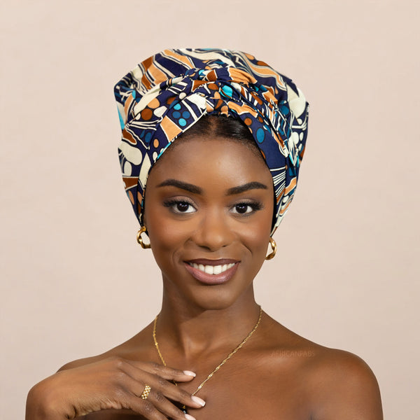 Turban facile - Bonnet en satin - Bleu / marron