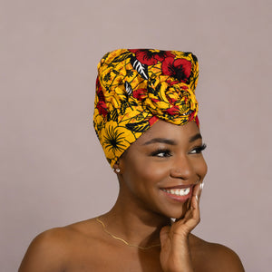 Easy headwrap / hoofddoek - Satijnen binnenkant - Gele Flowers