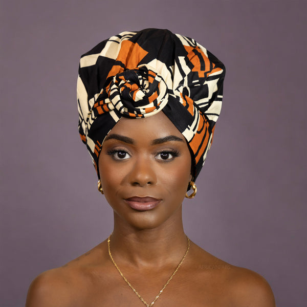 Turban facile - Bonnet en satin - Orange / noir