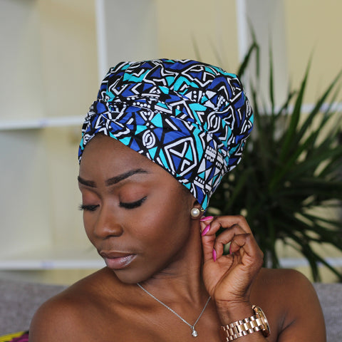 Easy headwrap / hoofddoek - Satijnen binnenkant - Blauw / turquoise Ame