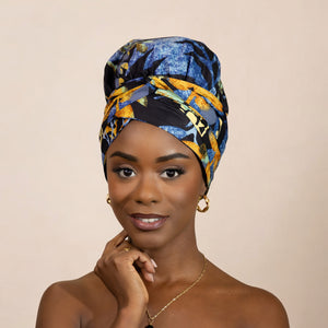 Easy headwrap / hoofddoek - Satijnen binnenkant - Blauw / zwart