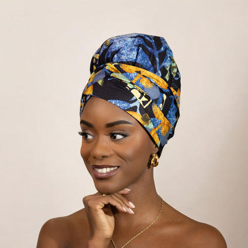 Easy headwrap / hoofddoek - Satijnen binnenkant - Blauw / zwart