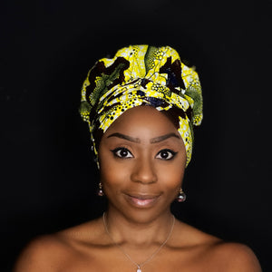 Easy headwrap / hoofddoek - Satijnen binnenkant - Gele bloom