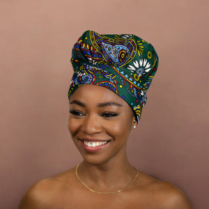 Easy headwrap - Satin lined hair bonnet - Green Paisley