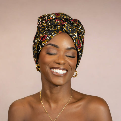 Easy headwrap - Satin lined hair bonnet - Black leaves