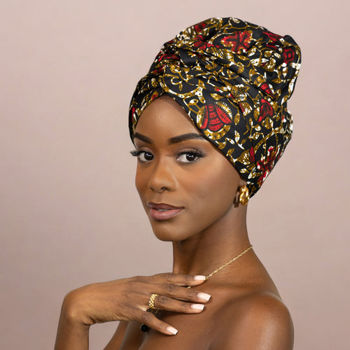 Easy headwrap / hoofddoek - Satijnen binnenkant - Zwarte blaadjes