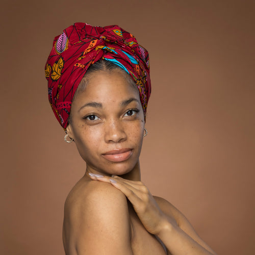 Easy headwrap - Satin lined hair bonnet - Dark Red & Yellow Botanical Flow