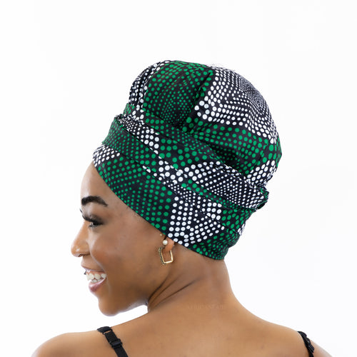 Easy headwrap - Satin lined hair bonnet - Green Diamonds