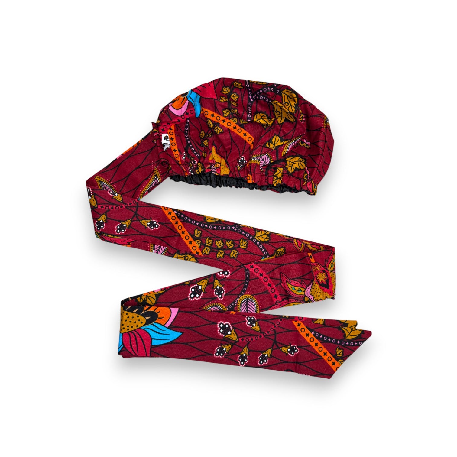 Easy headwrap / hoofddoek - Satijnen binnenkant - Donkerrood & Geel Botanical Flow