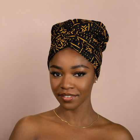 Easy headwrap / hoofddoek - Satijnen binnenkant - Zwart / Gele Bogolan