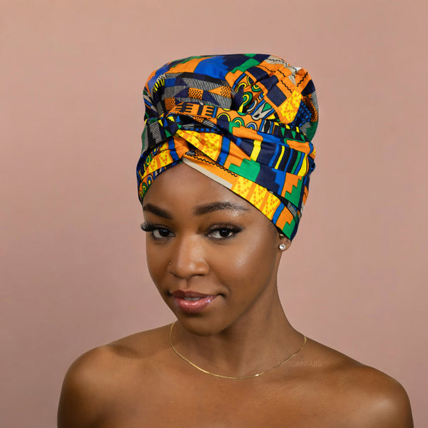 Easy headwrap / hoofddoek - Satijnen binnenkant - Kente Geel 2